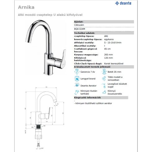 Deante Arnika Krom Álló Mosdó Csaptelep U alakú kifolyóval