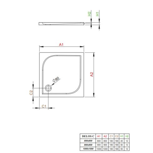 Radaway Delos C szögletes lapos zuhanytálca