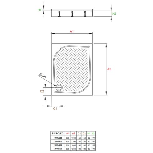 Radaway Paros D szögletes lapos zuhanytálca / Előlap + oldallap